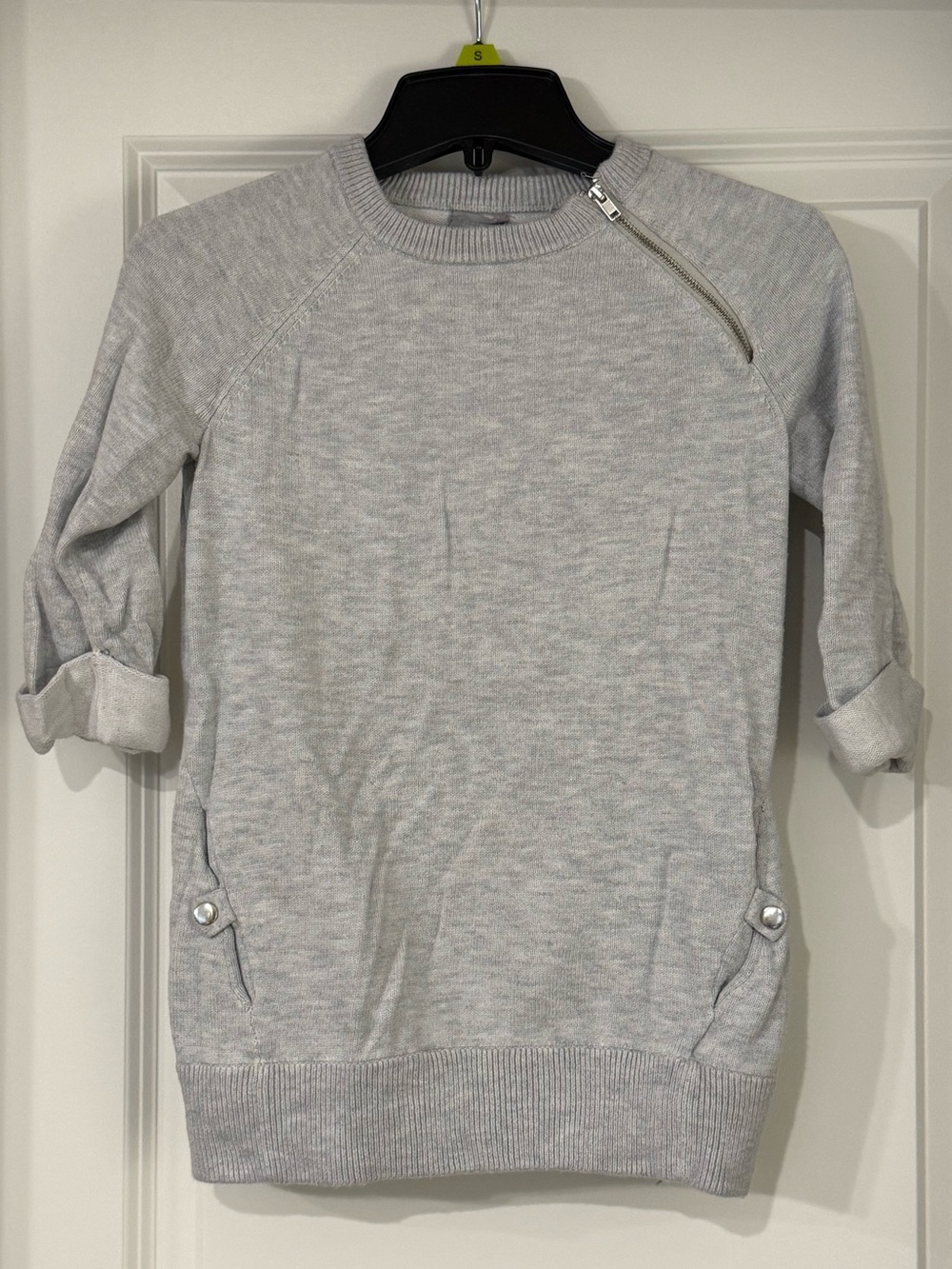 Tahari Light Gray Zip-Accent Crewneck Sweater